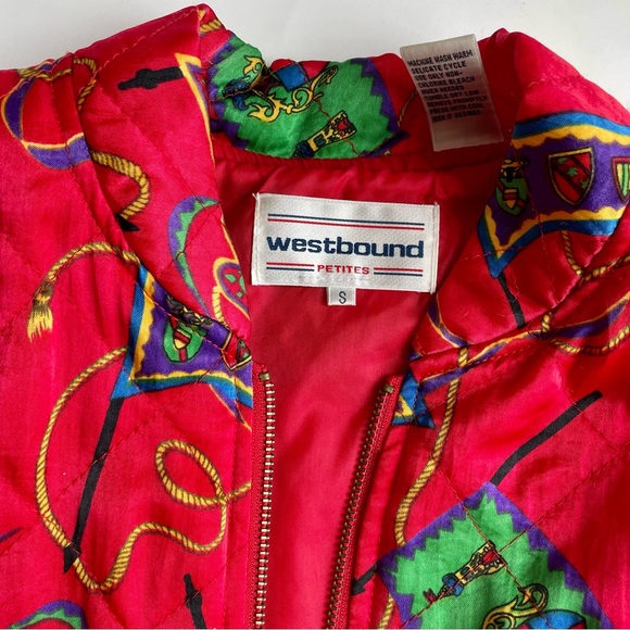 VTG Bomber Jacket Unisex Petite Sz S Red Print Eclectic Maximalist Avant Garde - Picture 4 of 8